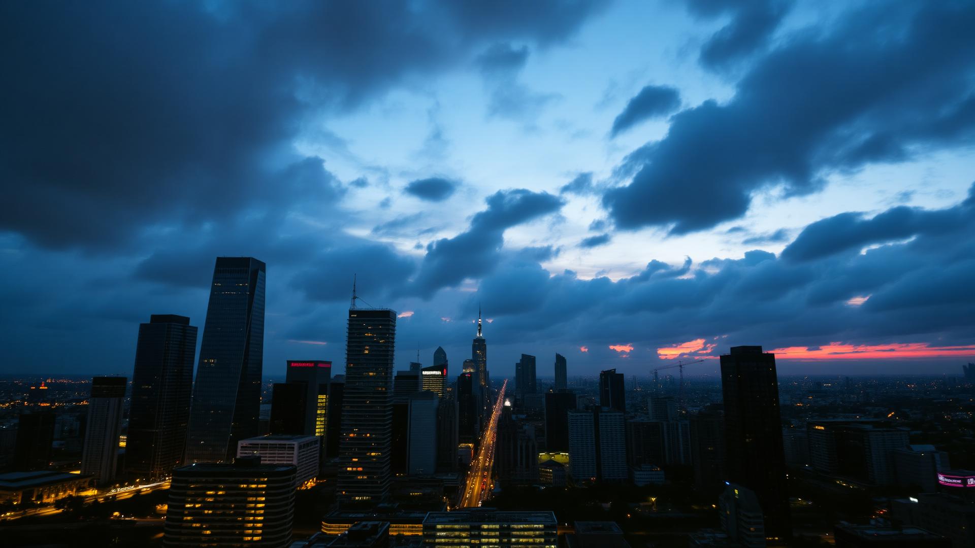Modern city skyline at dusk