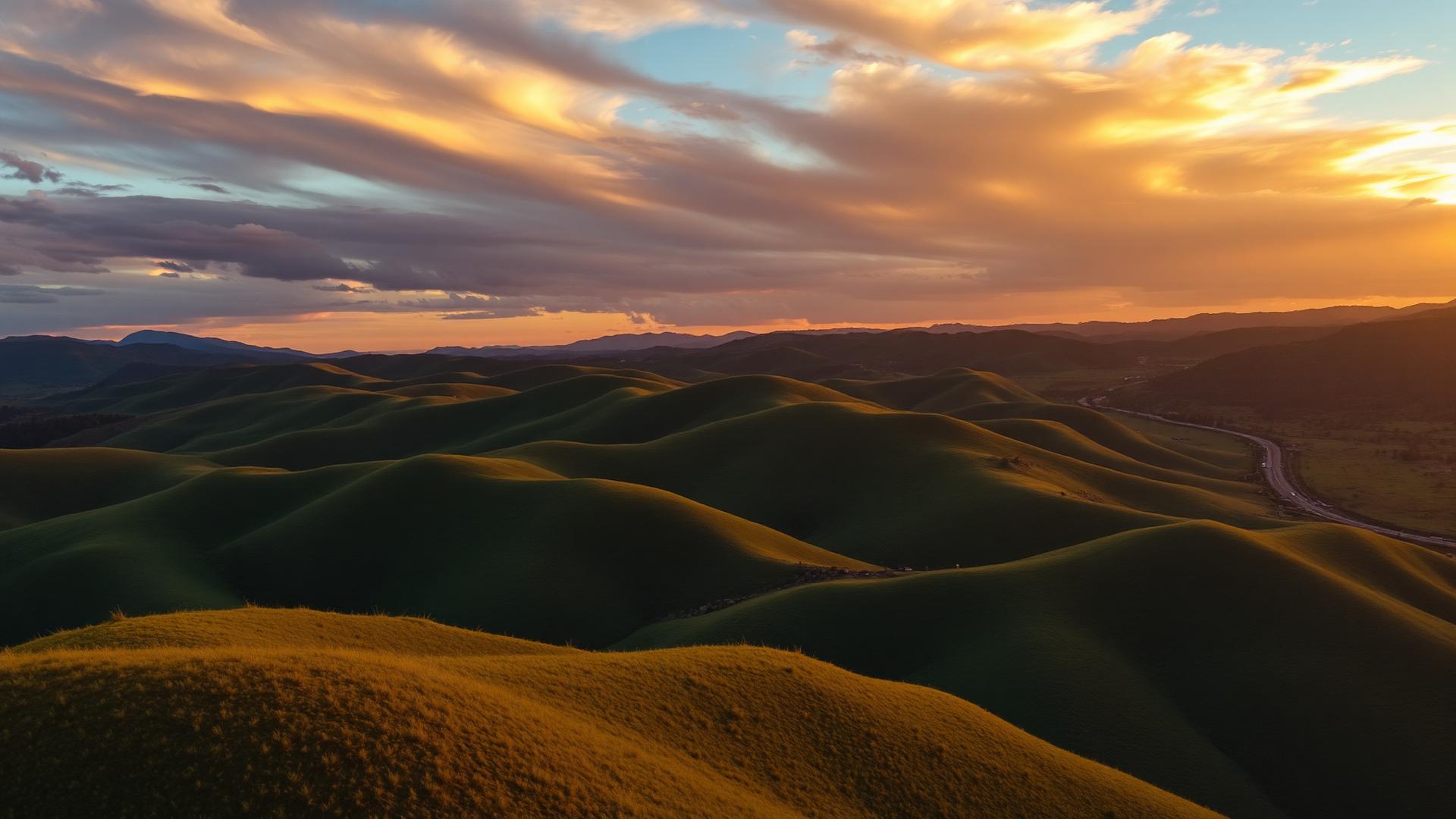 Rolling highland hills at golden hour across Southern Africa