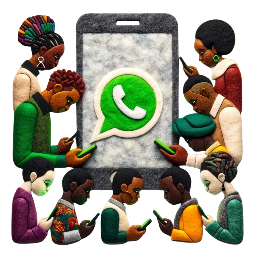 Community engaging with a WhatsApp-enabled phone rendered in felt art